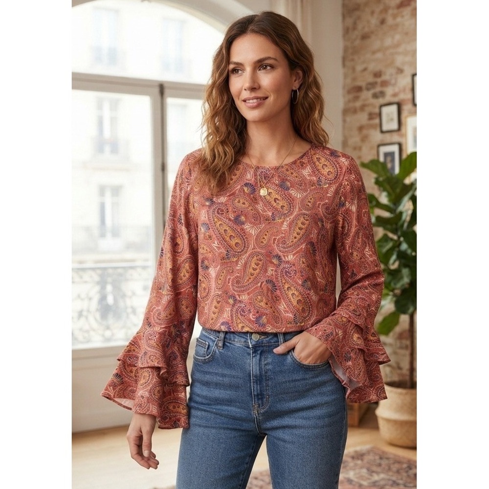 Emma & Olivia Paisley Ruffle Bell Sleeve Top Womens XL Pink Boho Vacation Office